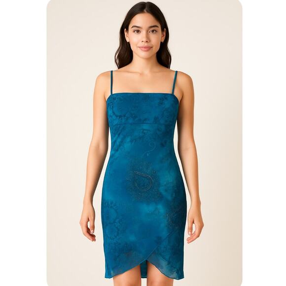 90's Y2K Vintage Semi sheer turquoise Fairy Grunge evening dress City Triangle M - Picture 1 of 7